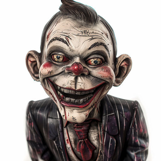 Creepy ventriloquist dummy with sinister smile