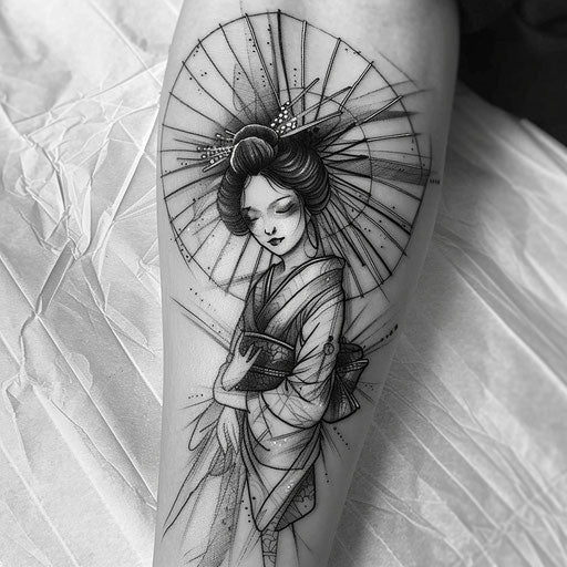 Sketch-style geisha tattoo with detailed line work, minimalistic black ink on white backdrop