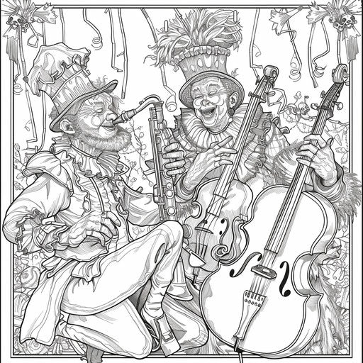 Playful scene of clowns playing musical instruments in a band