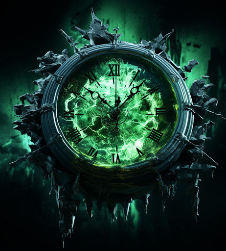 Green clock in the style of dystopian cartoon