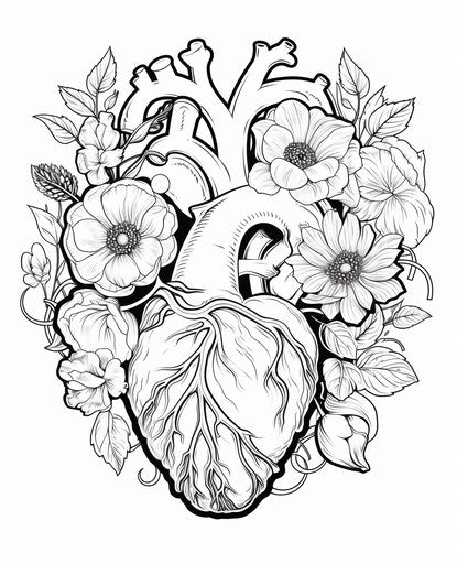 Fresh Free Heart Coloring Pages with Dark Black and Light Aquamarine Flowers