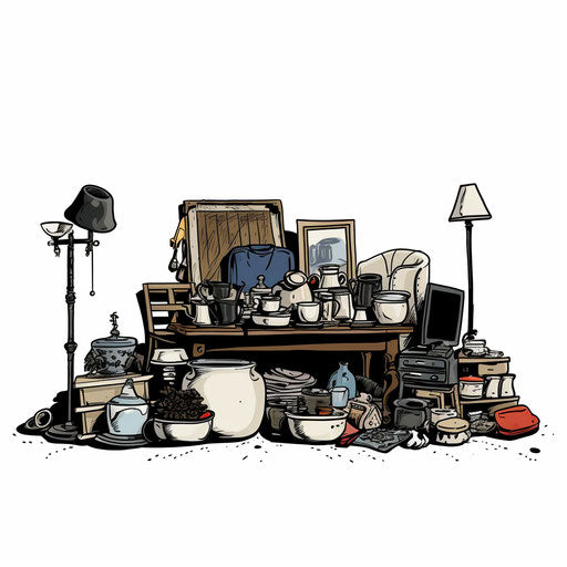 Yard sale clip art in the style of Chiaroscuro Art, on a white background