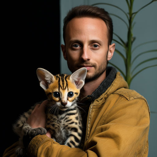 A serval cat held by its owner