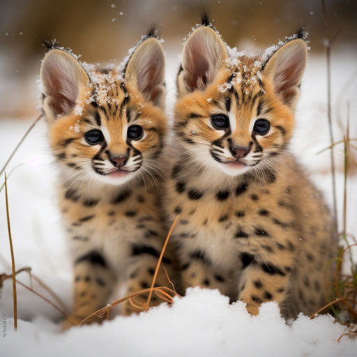Serval cat kittens playing in the snow