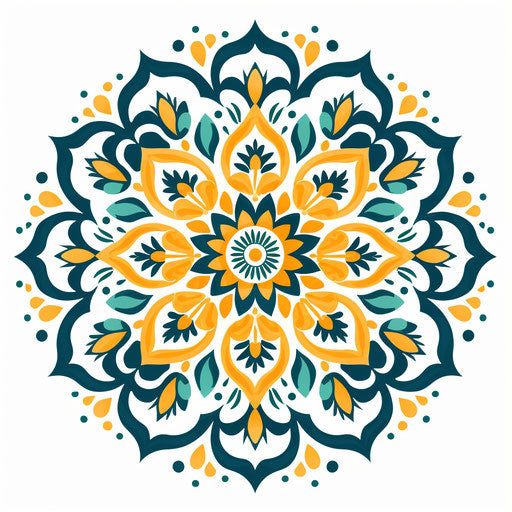 Elegant pattern of modern mandala on white background, turquoise and yellow style