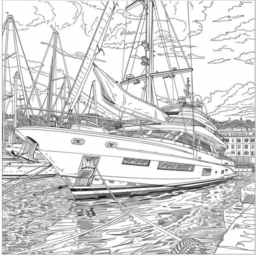 Detailed drawing of a luxury yacht in a marina