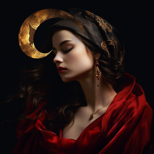 Woman in red under crescent moon, dark emotional style