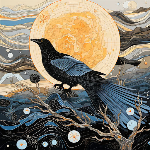 Blue hawk flying over the sun, abstract botanical illustration