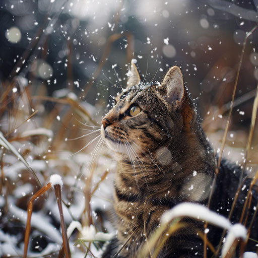 Tortoise cat in a field while it is snowing