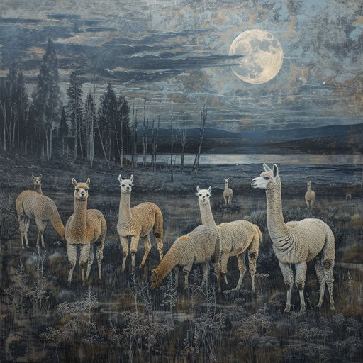 Alpacas illuminated by the soft light of the moon