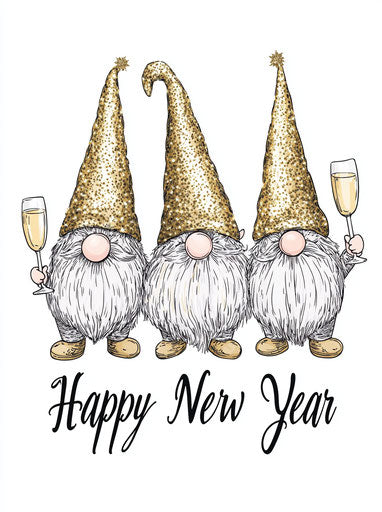 Three garden gnomes with gold hats and champagne glasses, Happy New Year