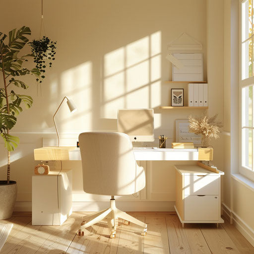 Cozy home office setup with minimalist white desk