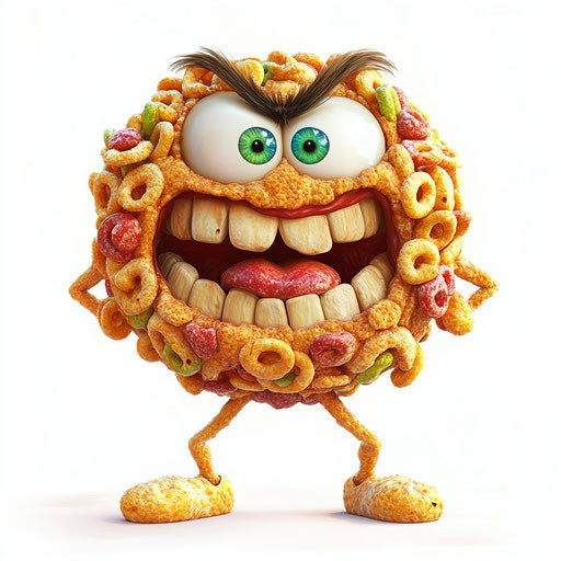 Humorous caricature of a cereal illustration with exaggerated human characteristics