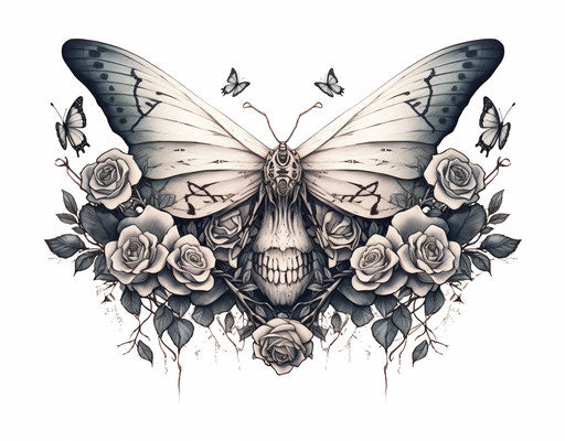 Butterfly and Rose Tattoo with Skull