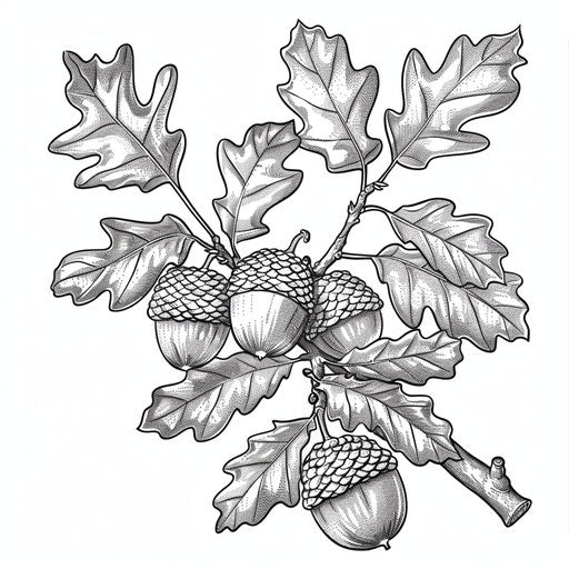 A cluster of acorns on an oak branch with detailed leaves. Coloring book page
