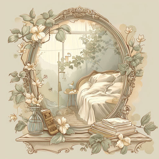 Peaceful tattoo sketch of a mirror reflecting a calming bedroom scene