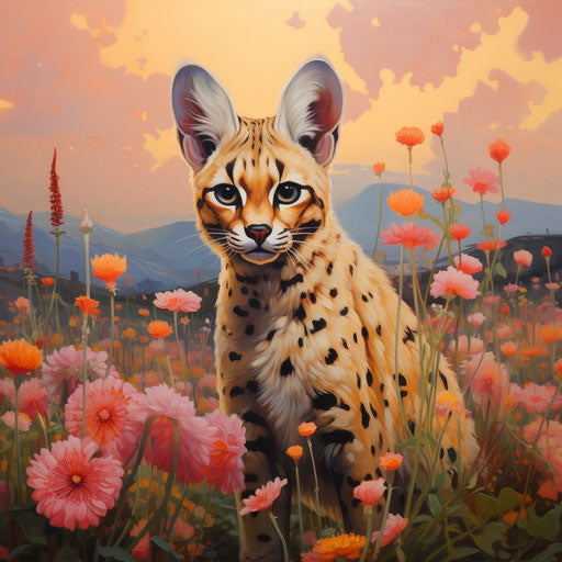 A serval cat in a field of flowers