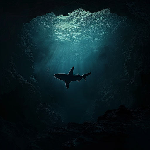 Bull shark silhouette in underwater cave backdrop