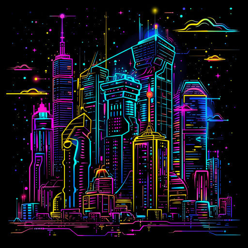 Flat tattoo sketch of a futuristic cityscape in neon glow clipart style