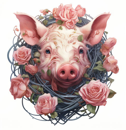A pig with pink polka dot roses in the heart