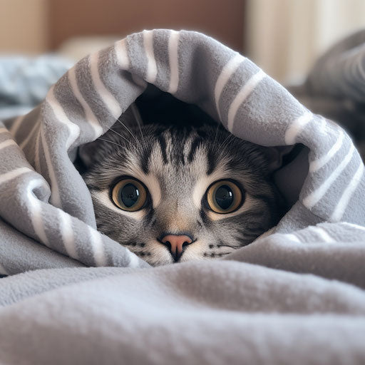 American cat hiding under blankets