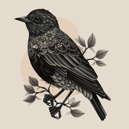 Elegant sketch of a blackbird with lace-like detailing
