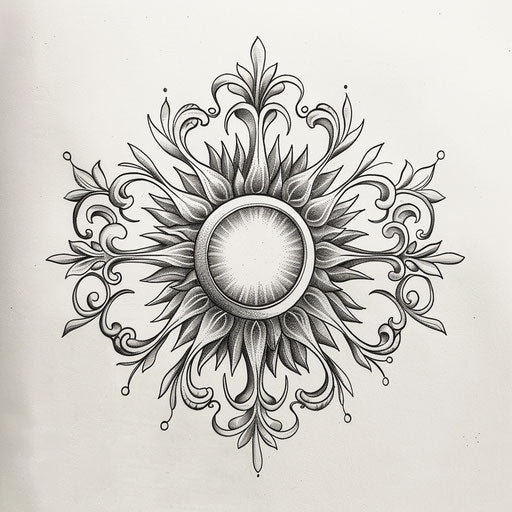 Elegant tattoo sketch of a rising sun with baroque flourishes in a clipart style