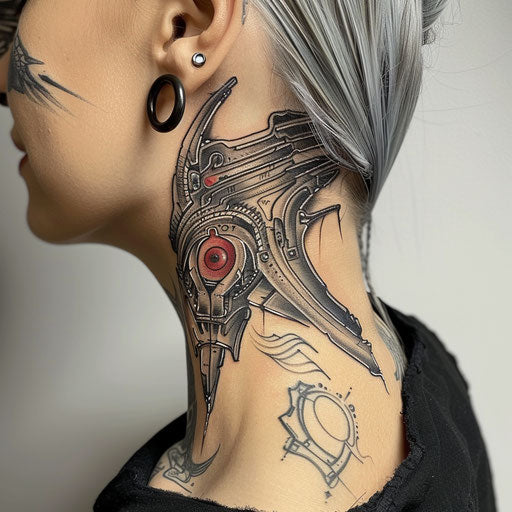 Neck tattoos for women with futuristic designs, Humberto Ramos style