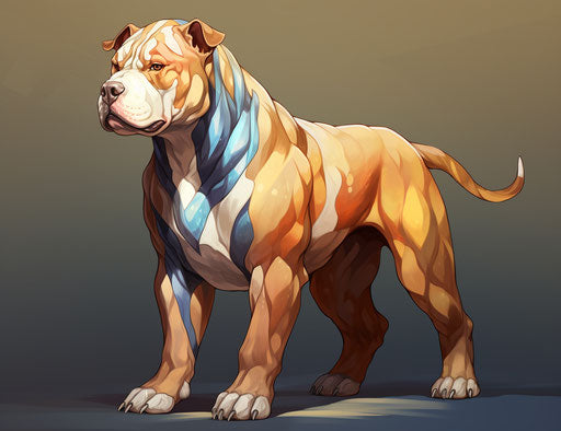 Pit bull walking in brown and white, light maroon and light gold style