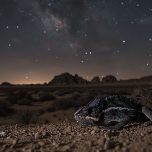 Chameleon under starlit desert sky, faint silhouette