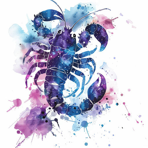 Artistic sketch of Scorpio constellation with watercolor splashes in purple and blue