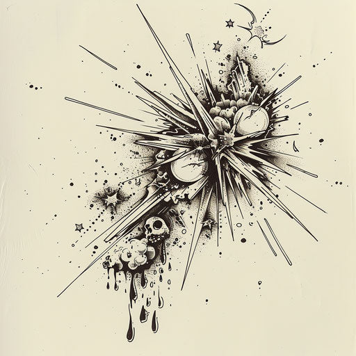 Energetic flat tattoo sketch of a bursting star with elements of dreams escaping