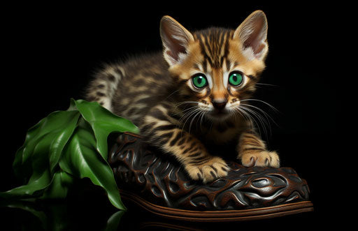 Bengal kitten on top of shoe, distinct facial features style, primitivist frenzy, dark gold and emerald 17:11