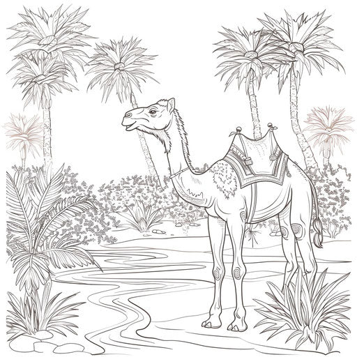 Fun scene of a camel near a desert oasis