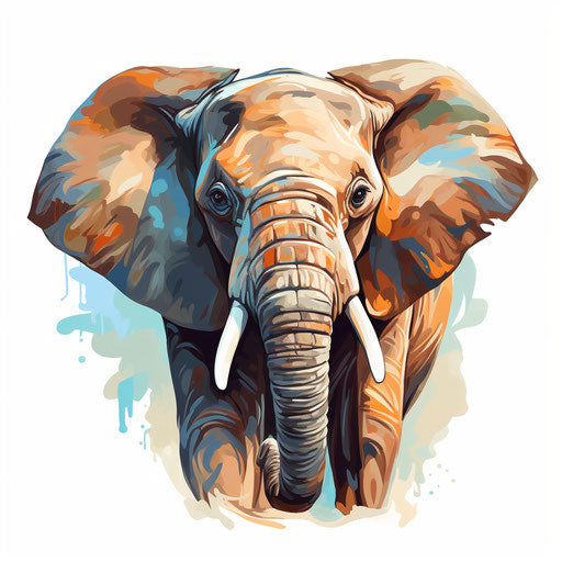 Cartoon elephant in the style of oil painting, on white background