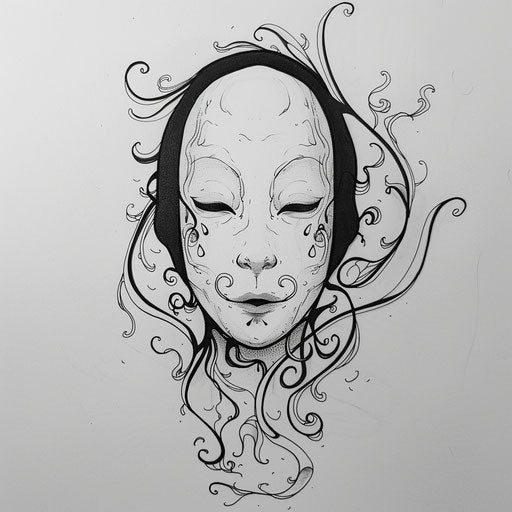 Flat tattoo sketch of No-Face with elegant, flowing lines