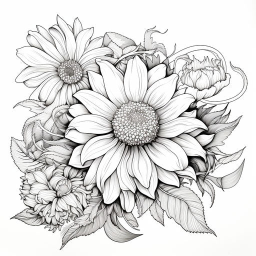Sunflowers coloring pages, intricate and bizarre illustrations
