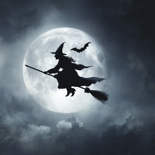 Classic Halloween Scene with Witch and Bat at Full Moon
