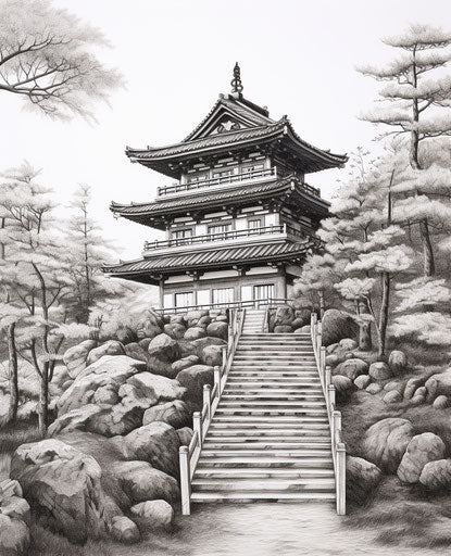 Drawing of an Asian pagoda in hyperrealism style, 25:31