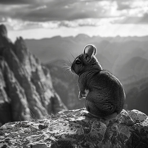 Chinchilla on rock with mountains in Laurent Baheux style