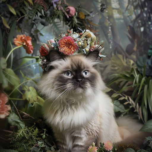 Himalayan cat with a flower crown in a whimsical garden
