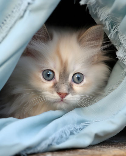 Cute kitten peering out of kennel, light beige and dark aquamarine