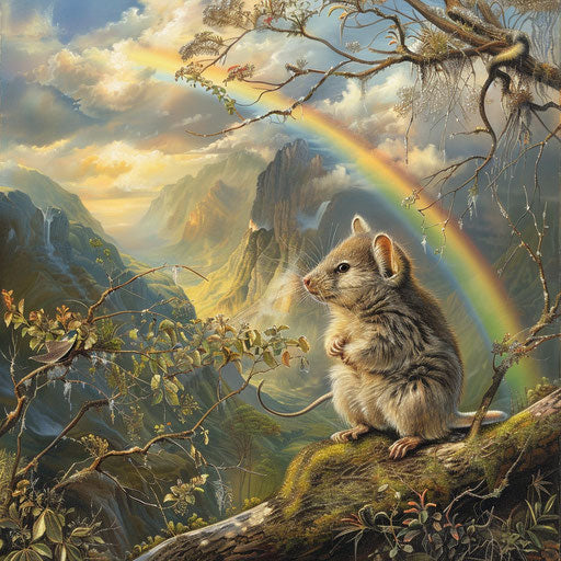 The mountain pygmy possum gazing at a rainbow over a valley