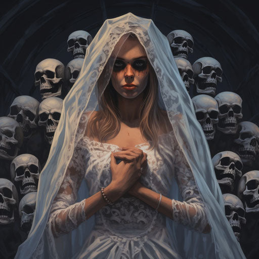 Girl in wedding dress with skulls in her arms