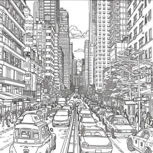 Detailed cityscape with bustling streets in coloring book style