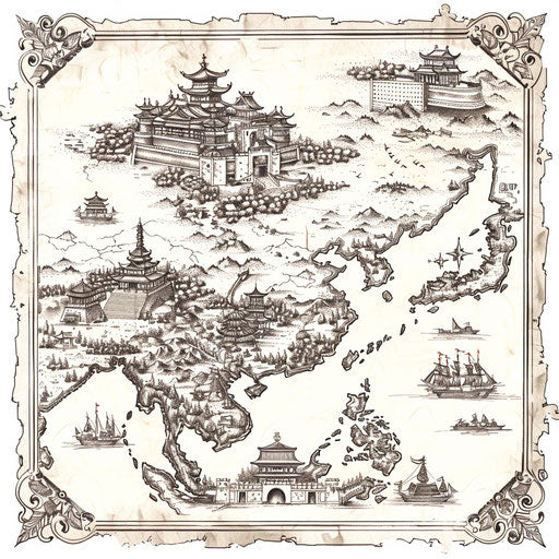 Detailed map of ancient China, symbols and tattoo concept on white background
