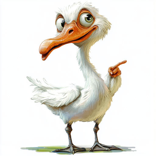 Humorous caricature of a swan with human characteristics