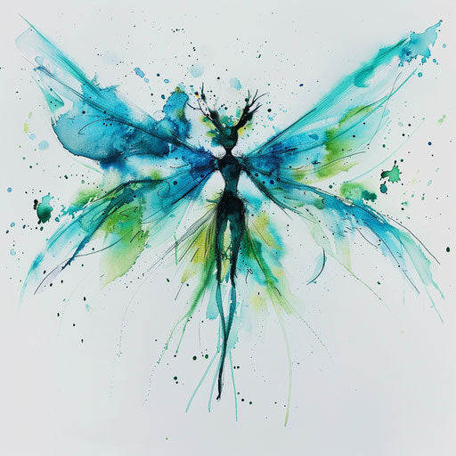 Delicate watercolor fairy, wings spread on white canvas