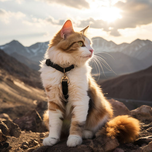 Calico cat in front of mountain scenery