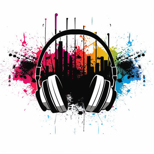 Audio logo in white and black with a colorful splash background